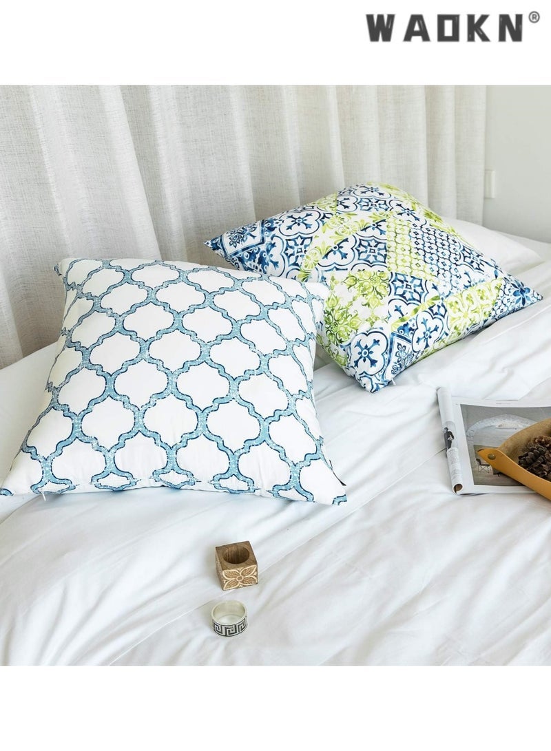 WAOKN Fresh Living Blue&Green Accent ，Simple geometric printing abstract floral linen pillow cover peach skin sofa pillowcase cushion cover，Decorative Throw Pillow Covers Pillow Covers for Couch Sofa Living Room Bedroom,Farmhouse Outdoor Throw Pillow Cover,Modern Geometric Square Throw Pillow Case Set of 4 - Image 3